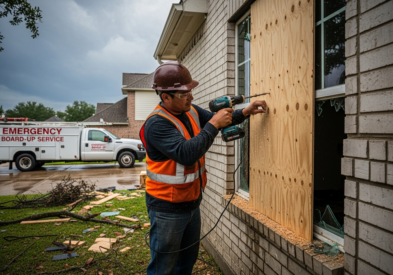 Restoration technician boarding up a broken window for emergency repairs after storm damage in Houston