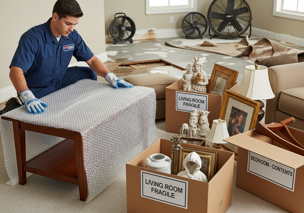 Restoration technician carefully packing and inventorying household items during contents packout service