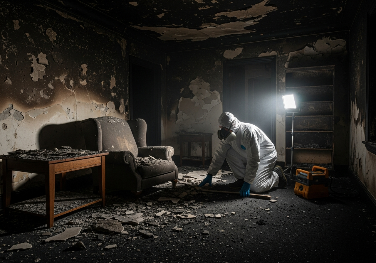 Smoke and soot damage on walls and ceiling inside a Houston home