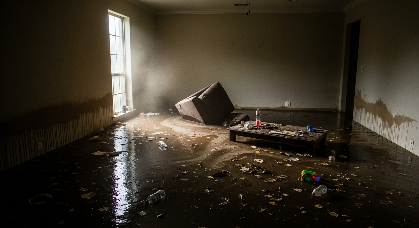 Flooded Houston living room with water damage throughout