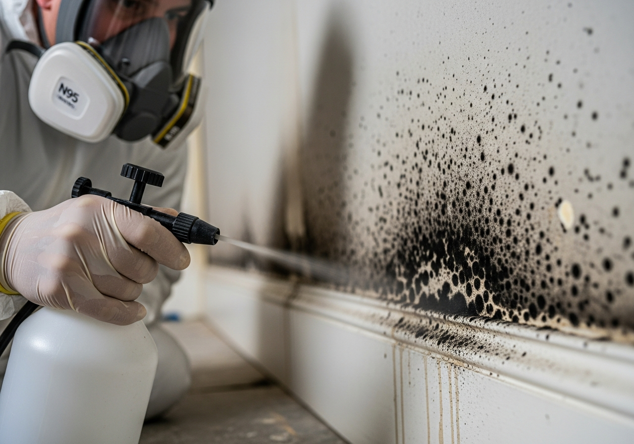 Black mold on drywall being treated by a certified mold remediation technician