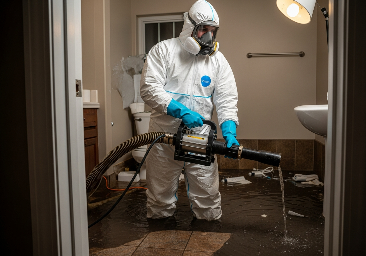 Restoration technician in full PPE performing sewage backup cleanup in Houston