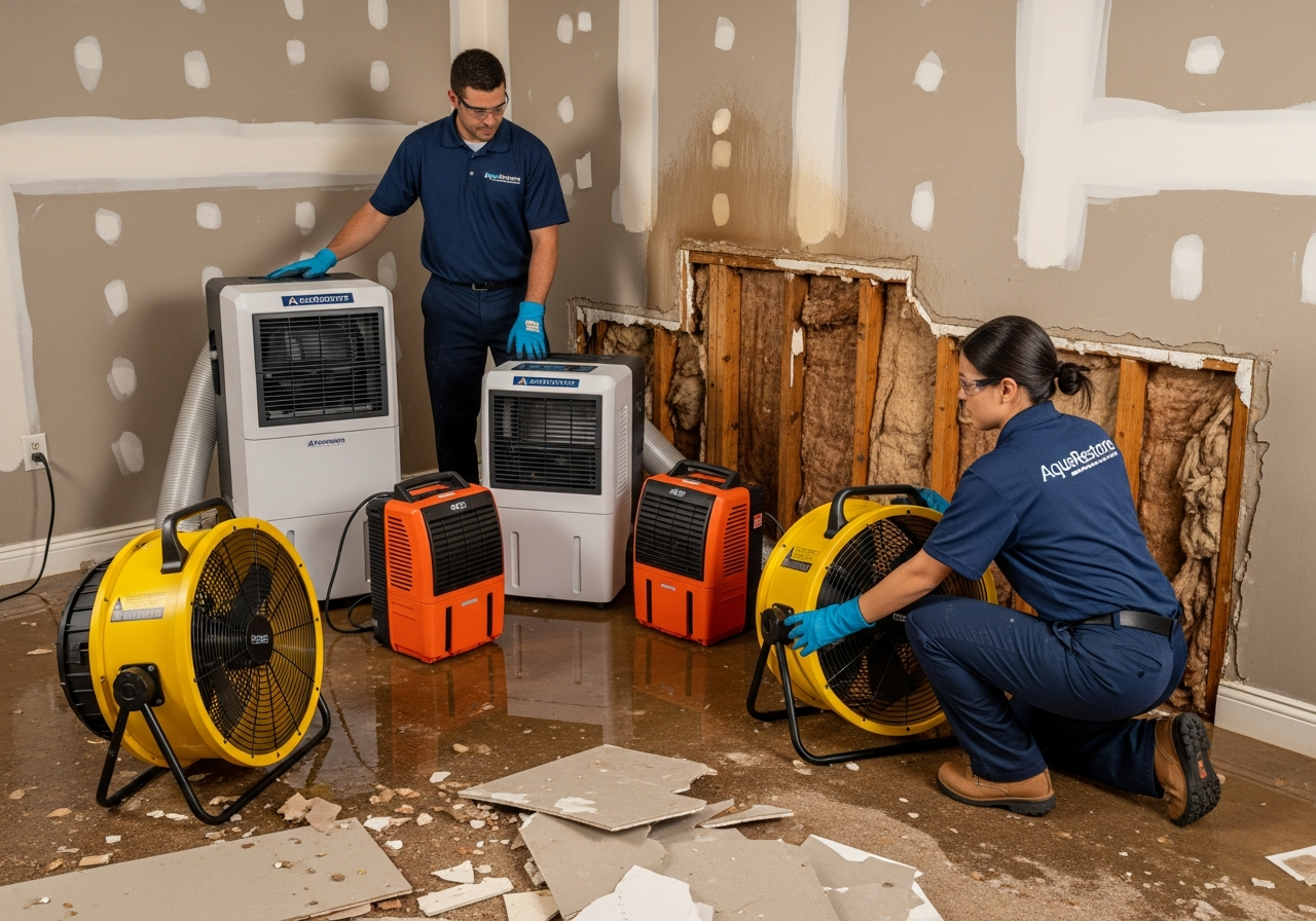 Houston restoration technicians operating industrial dehumidifiers and air movers for structural drying